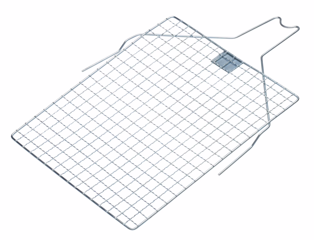 A metal grilling rack with a rectangular shape and a grid pattern. The rack is constructed from thin metal wires that are evenly spaced, providing an ideal surface for grilling or cooling food. The edges feature a connector that allows the rack to be securely held, adding functionality to its design. It is silver in color, reflecting light and indicating it is made from stainless steel or a similar material. This grilling rack is commonly used in kitchens and barbecues to enhance cooking efficiency.