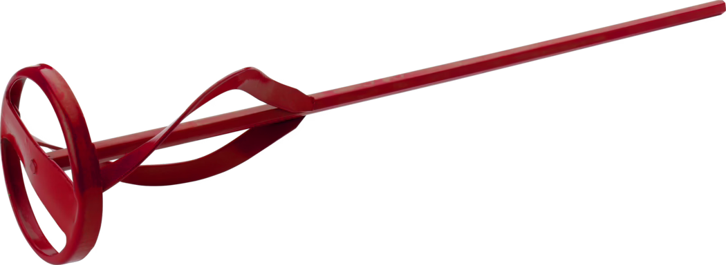 Pajarito_Dummy_Universal stirrer Easy Line_037110_037109_2021-02 A red object resembling a traditional hand tool used for agricultural purposes. The item features a circular handle and a long, flat strip extending from it, designed for gripping. The shiny surface of the red paint suggests it may have been recently coated, indicating minimal wear. This tool is likely used for prying or lifting, showcasing a simple yet efficient design.