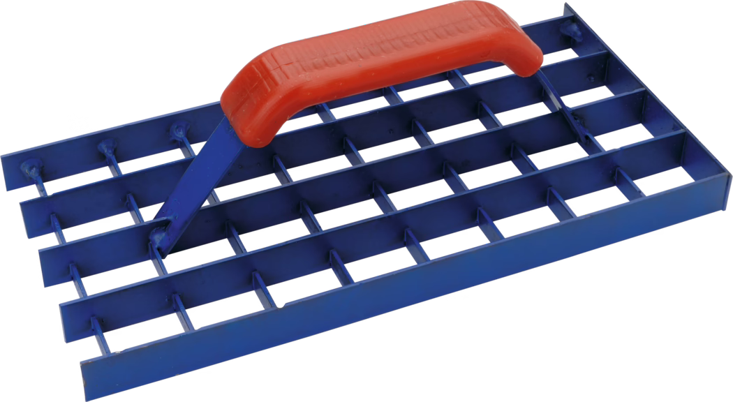 Pajarito_Dummy_Grid-Rabot_036499_2021-02 A blue metal tool with a rectangular shape, featuring a red plastic handle. The tool is designed with a grid pattern and appears to be used for leveling or smoothing surfaces.