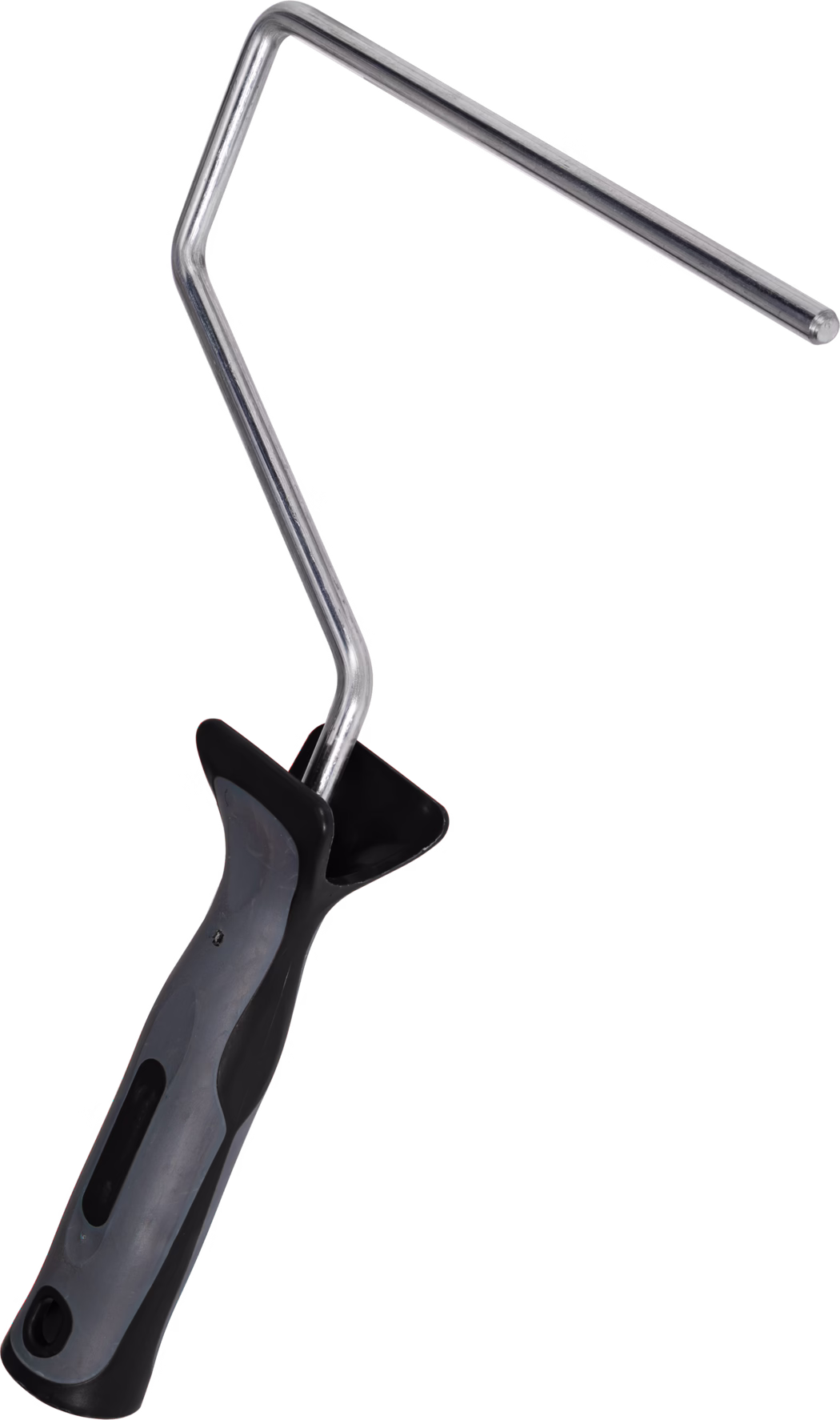 Metal paint roller frame with an ergonomic black and gray plastic handle and a bent metal rod for attaching a roller cover, shown on a white background.