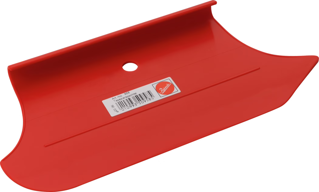 A bright red table knife, designed for smoothing and spreading, with a curved edge for ease of use. It features a hole for hanging and a barcode label indicating its product information.