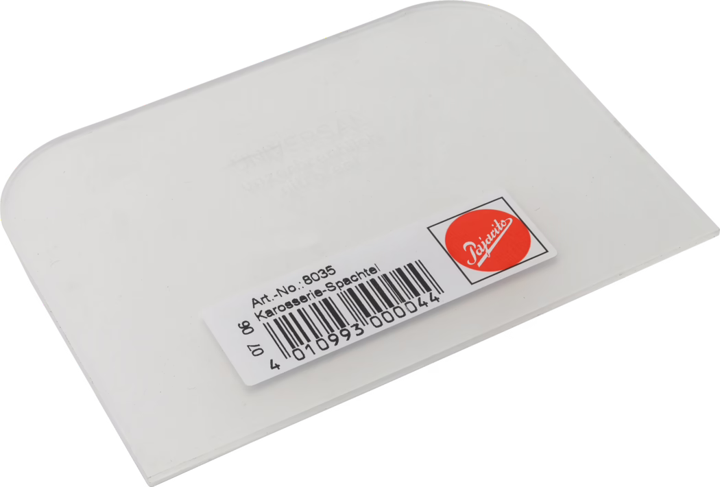 A plastic spatula with a rounded edge, useful for various scraping and smoothing tasks. It displays the brand logo 'Pajacits' prominently on a label along with a barcode and an item number.