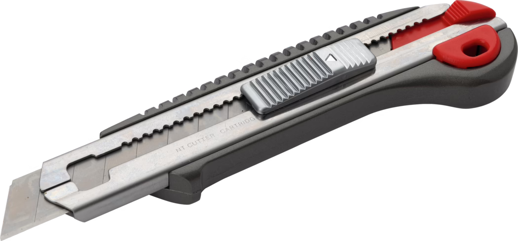 A gray and red utility knife with a retractable metal blade. The knife features a textured grip on the handle for better grip and control, along with a locking mechanism to secure the blade in place. The blade is partially exposed, showing its sharp edge, while the body of the knife is designed for durability and ease of use. The overall design is practical, suitable for various cutting tasks.