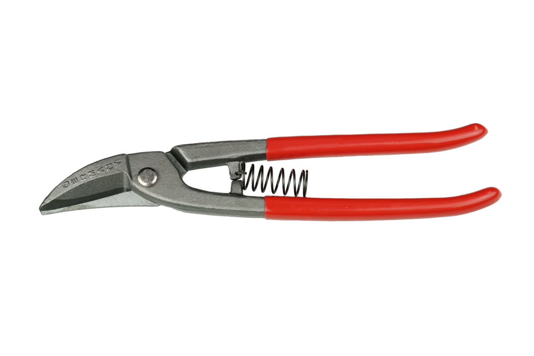 A pair of red-handled cutting pliers featuring a metallic body. The cutting edge is sharp and angled, suitable for precise cutting tasks. The handles are ergonomically gripped and designed for comfort during use.