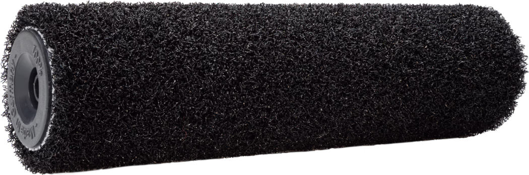 A black paint roller covered in a velvety texture, designed for even application of paint. It features a solid handle attachment and is typically used for home improvement projects.