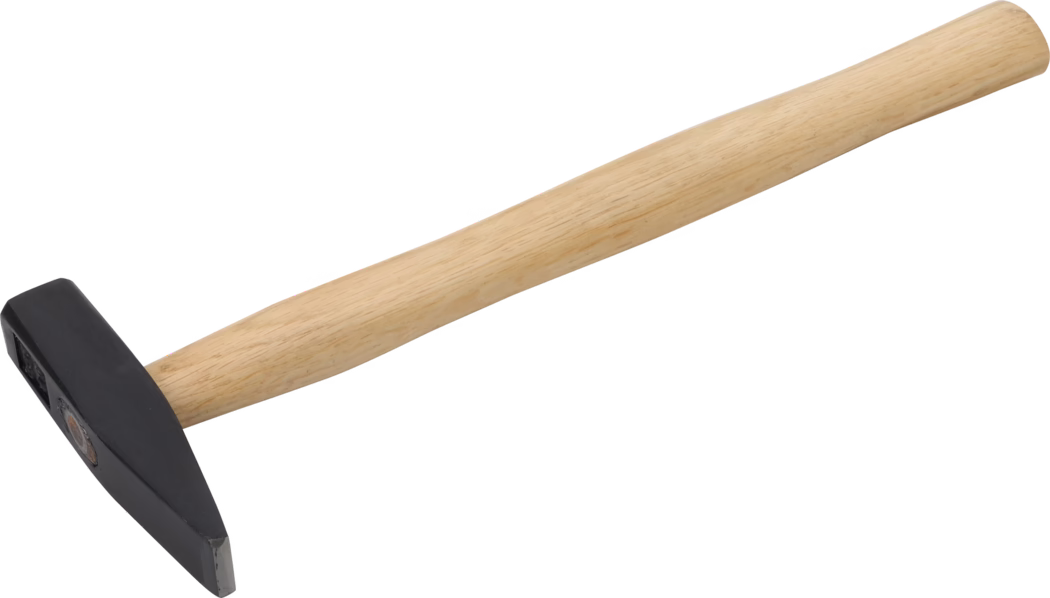 A tool consisting of a black hammer head and a wooden handle, commonly used for striking nails and other objects. The hammer head is flat on one side and has a claw on the opposite side, allowing for pulling nails as well. The handle is made of light-colored wood, providing an ergonomic grip for the user.