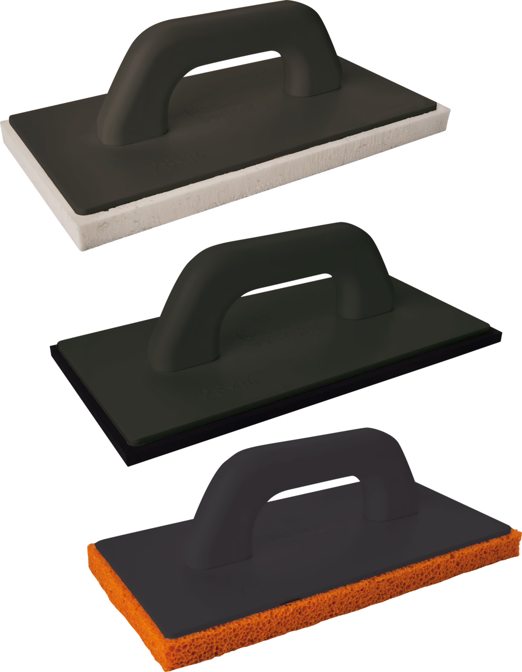 This image displays three types of finishing trowels used in construction. The top trowel features a white base with a black handle, the middle trowel is all black, and the bottom trowel has an orange sponge base. Each trowel showcases a sturdy design for effective finishing work on surfaces.