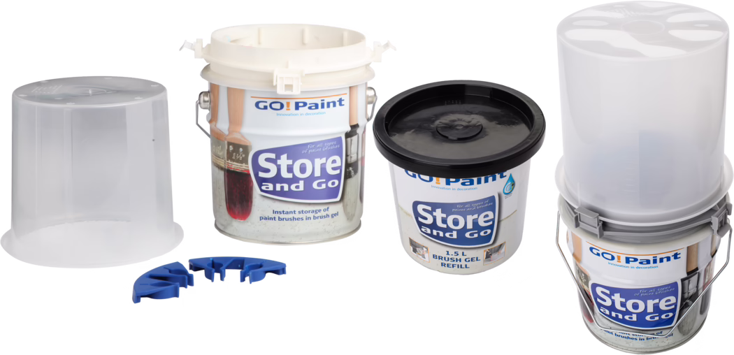 A collection of paint storage containers including a clear bucket lid, various store and go paint buckets, featuring the GO! Paint logo. The buckets are designed for the storage of paint brushes in a gel and feature different sizes and lids, emphasizing functionality and innovation in decorating.
