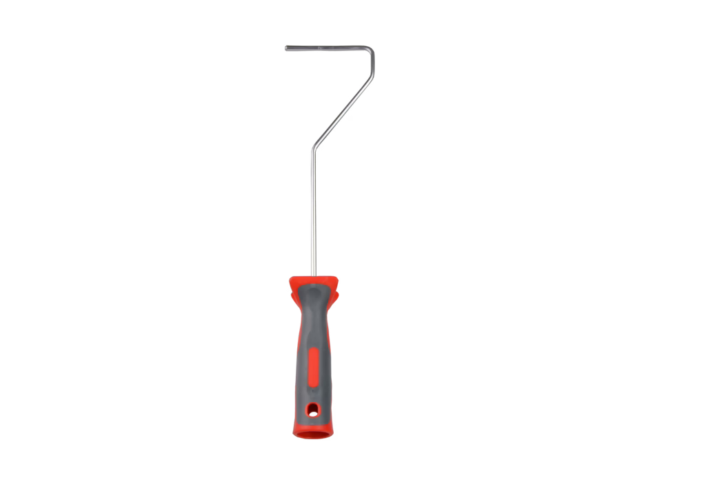 Small paint roller frame with a bent metal rod and ergonomic red-and-gray plastic handle, designed for mini paint rollers; metal shaft with angled bends and a hole in the handle for hanging; isolated on a white background.