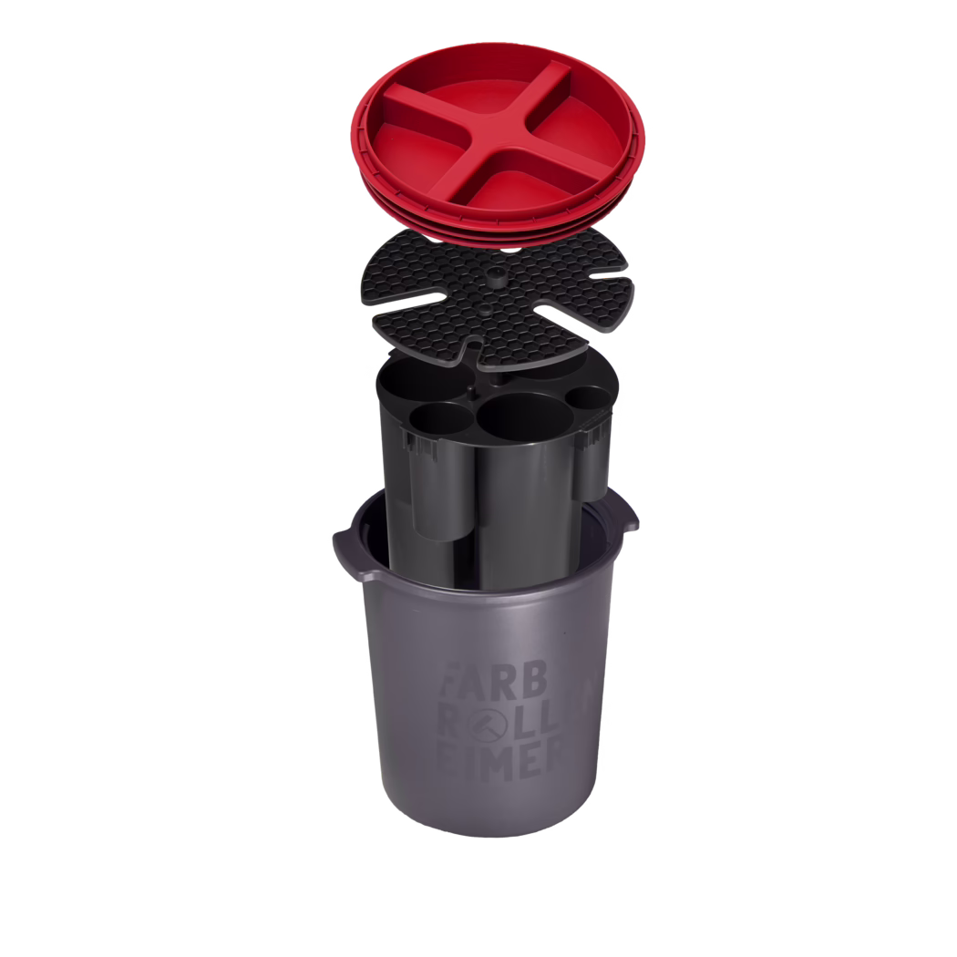 Gray cylindrical paint bucket with a removable inner insert and red lid shown in an exploded view: a gray bucket with side handles and a faint printed label, a black multi-compartment insert for rollers and brushes, a black honeycomb-patterned grid plate, and a red round lid with four recessed sections; photographed on a white background.
