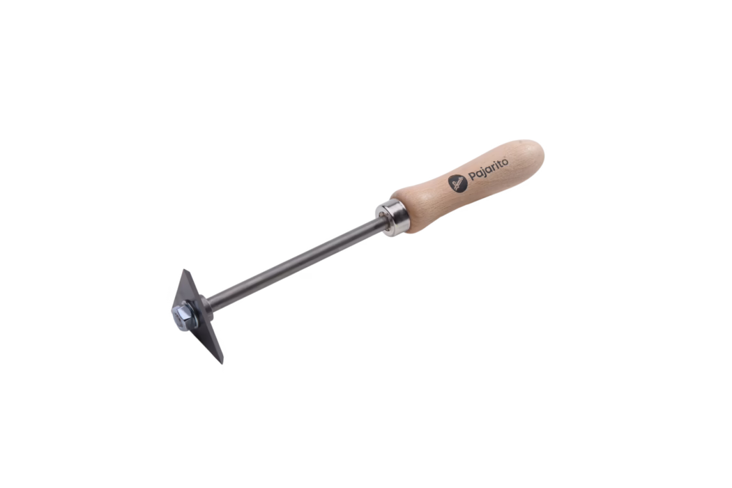 Close-up of a gardening hoe with a smooth light wooden handle printed with the brand name 'Pajarito', a metal ferrule connecting the handle to a slender steel shaft and a small triangular hoe blade secured by a nut and bolt; photographed on a white background.