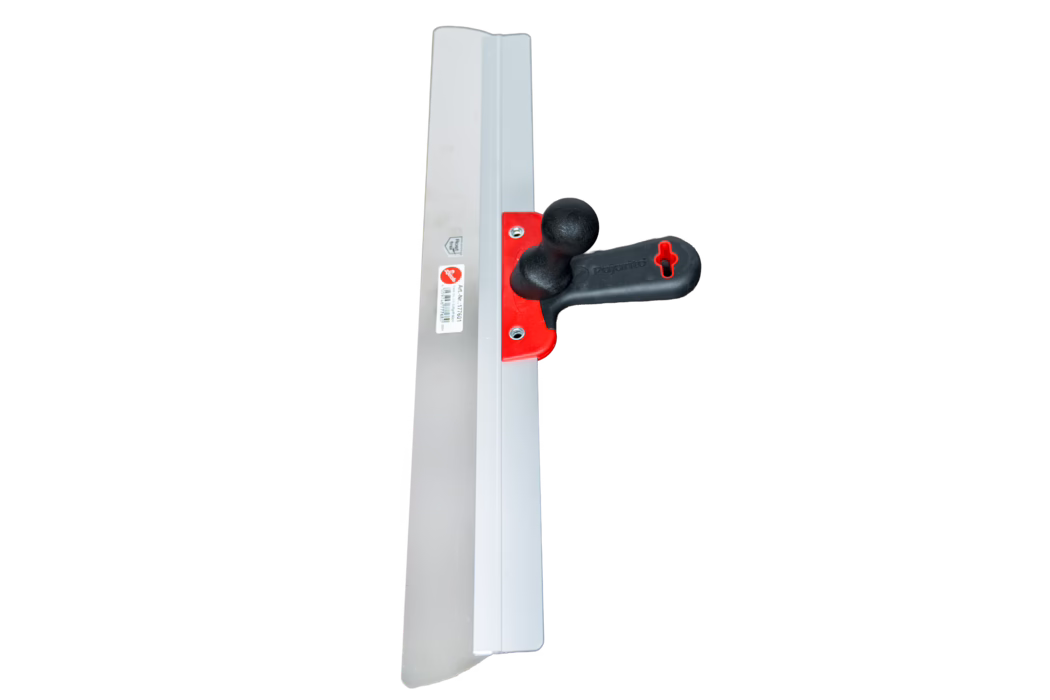 A long finishing trowel with a straight stainless steel blade and an attached plastic handle assembly. The blade is wide and thin, silver in color, with a slightly rounded tip on one end and an almost squared edge on the other. A red plastic mounting plate secures the black ergonomic handle to the blade; the handle includes a rounded knob for controlled pressure while smoothing. A small white product sticker and a logo are visible on the metal near the handle. The tool is photographed isolated on a white background and oriented vertically with the handle to the right. Intended for plastering, smoothing joint compounds or spreading adhesives on large flat surfaces.
