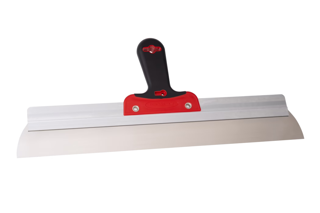 Wide stainless-steel finishing trowel with a long flat blade and aluminum support bar, featuring an ergonomic black plastic handle with a red mounting piece. The flexible steel blade has a slightly rounded lower edge suitable for smoothing plaster, skim coat and joint compound over large surfaces. The tool is shown centered on a white background, oriented horizontally; it appears clean and new, approximately 50 cm wide. Professional plastering and drywall finishing tool for applying and leveling compound to achieve a smooth surface.