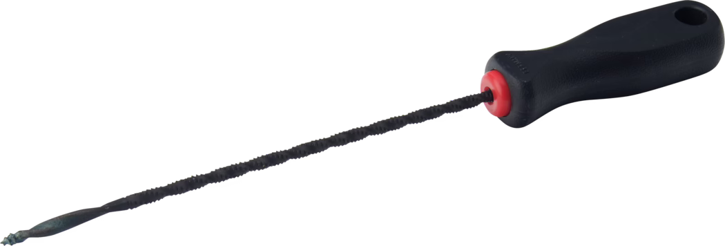 Pajarito_Dummy_Jigsaw_021025_2021-02 A hand tool consisting of a long, thin shaft with a serrated edge at the bottom and a textured black handle with a red accent at the base.
