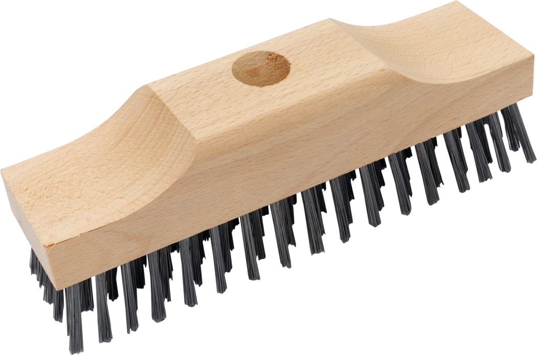 A wooden brush with black bristles, featuring a rounded handle and a flat base designed for effective cleaning.