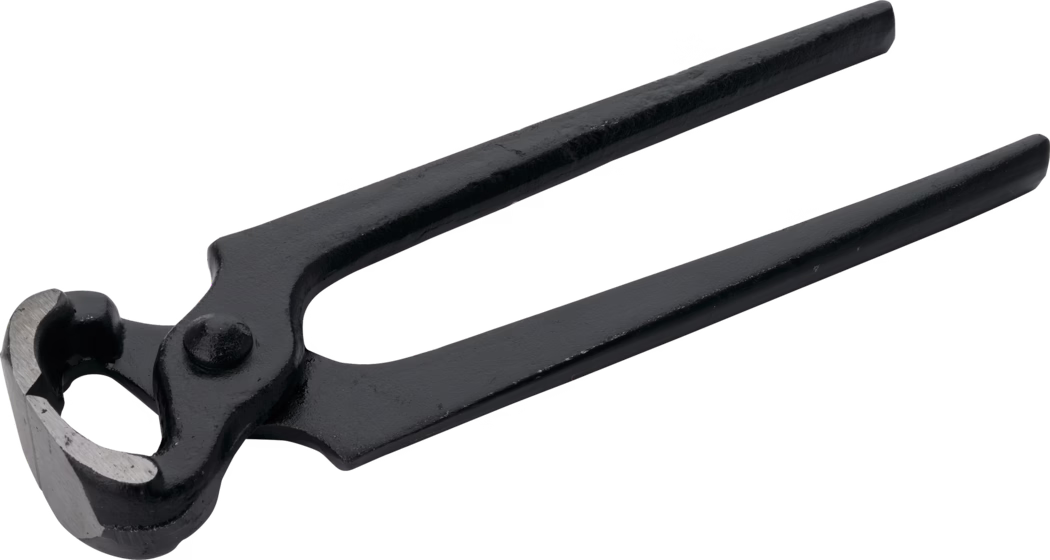 Pajarito_Dummy_Edge pliers Easy Line_036706_2021-02 A pair of black iron pliers used for gripping and pulling. The pliers have a glossy finish with a pointed end and a rounded jaw that can open wide. The handles are long and straight, designed for leverage, and there is a small indentation near the pivot point.