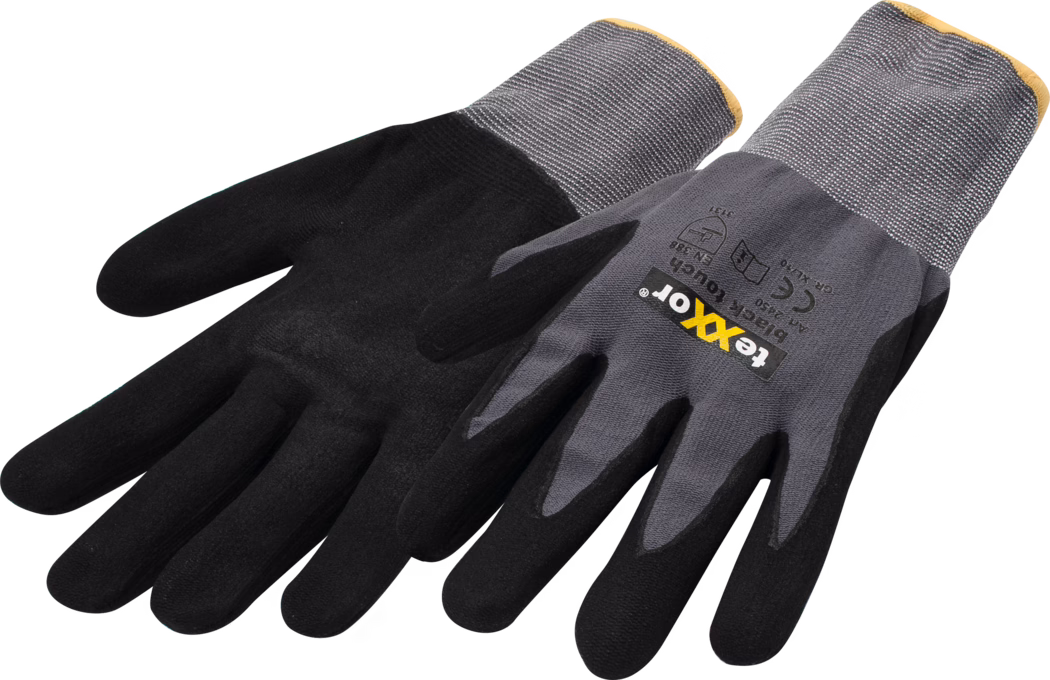 A pair of black and gray gloves designed for work, featuring a textured grip on the palm and fingers. The cuffs are elastic to ensure a snug fit. The gloves have the brand name 'Fexxort' printed prominently on the back.
