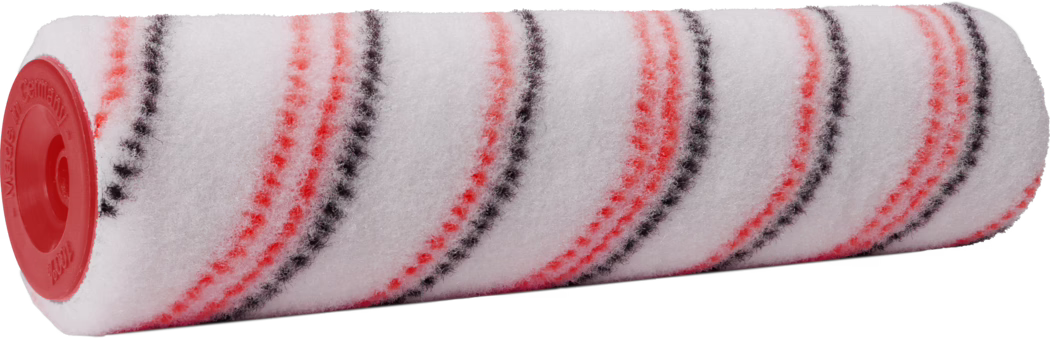 Pajarito_Dummy_Nylon Performance Line_168936_2021-11 A paint roller with a fuzzy white surface featuring red and black stripes, mounted on a red plastic core. The design indicates a professional-quality tool, likely used for painting walls or large surfaces.