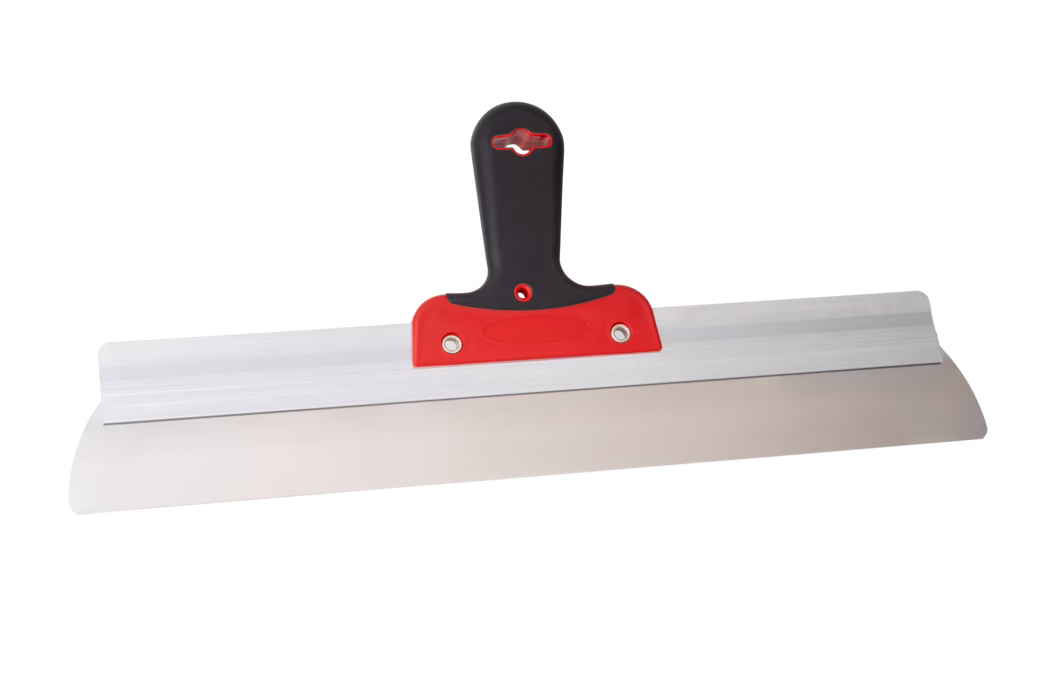 A wide stainless-steel finishing trowel with a black and red ergonomic plastic handle, used for applying and smoothing plaster, drywall compound and other construction materials. The blade is slightly flexible with a straight edge and rounded corners, attached to an aluminium mounting for stability.