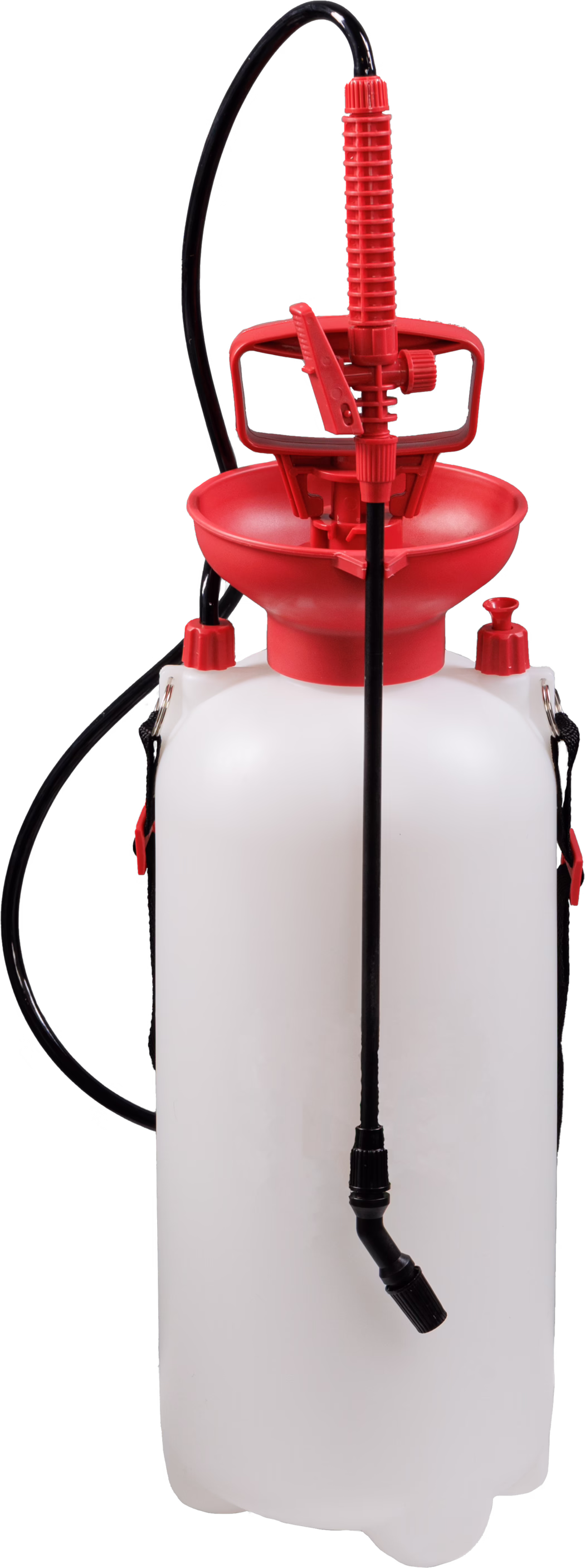 A white plastic pressure sprayer with a red top and handle. The sprayer is equipped with a long black hose and a nozzle at the end. It features a funnel-shaped opening at the top for filling and a strap for carrying.