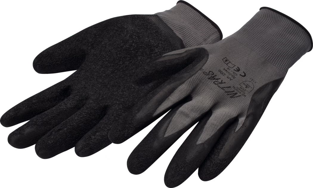 A pair of textured gloves with a gray fabric cuff. The gloves are predominantly black with a smooth, coated finish on the palms and fingertips for enhanced grip. The wrist area features a knitted fabric that provides comfort and flexibility. The gloves are designed for industrial or construction use, indicating durability and safety.