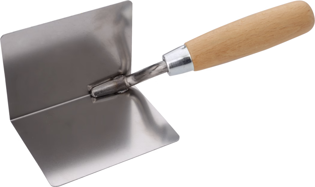 A metallic gardening trowel with a flat blade and a wooden handle, designed for digging and planting.