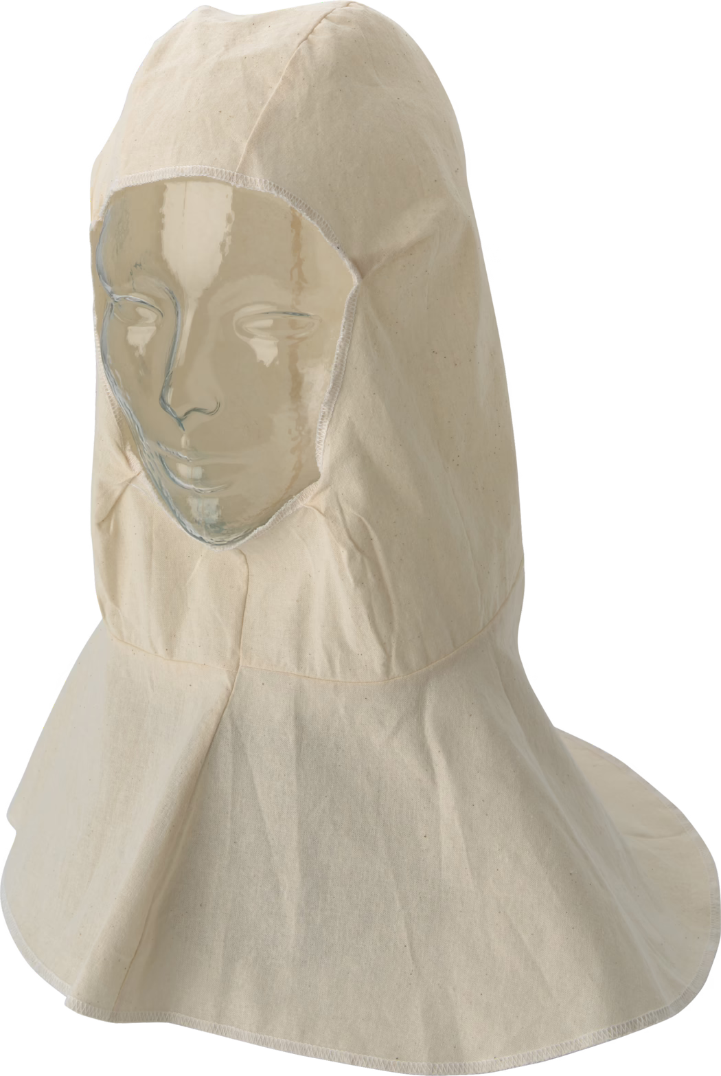 Pajarito_Dummy_Bonnet_055945_2021-02 A mannequin head covered with a light-colored hood that has a shiny transparent face. The fabric appears soft and smooth, with a simple design and subtle texture. The hood covers the top of the head and wraps around, creating a smooth silhouette.