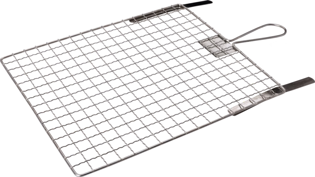 Pajarito_Dummy_Bucket grid_156565_016923_016925_2021-02 A rectangular metal grill with a wire mesh design, featuring a handle on one side. The mesh structure allows for even cooking and ventilation, making it ideal for grilling food. The edges are smooth, and the grill appears to be sturdy and durable, perfect for outdoor BBQs or indoor grilling.