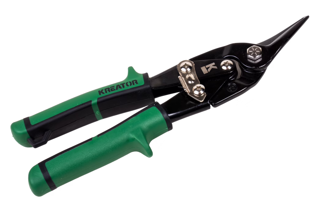 Close-up of green-and-black tin snips with long narrow black blades, visible screws and a locking latch, ergonomic green and black rubber handles and the brand name 'KREATOR', isolated on a white background.