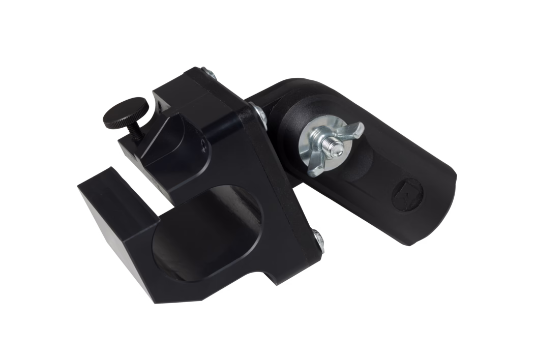 Pajarito_Dummy_Pajaquick black quick-release joint set_180263_2024-10 Black adjustable mounting clamp and hinge bracket made of metal and plastic, featuring a wing nut, threaded bolt and fastening screw; designed to attach to a round tube or pole with a U-shaped clamp and adjustable swivel joint, photographed on a white background.