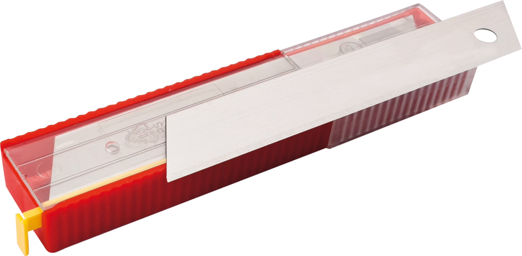 A box cutter or utility knife is depicted, featuring a red body with a transparent cover. The blade is partially extended and secured within the casing. The handle has a textured surface for a better grip, and a yellow button is visible for blade retraction. This tool is typically used for cutting various materials, making it an essential item in toolkits and craft projects.