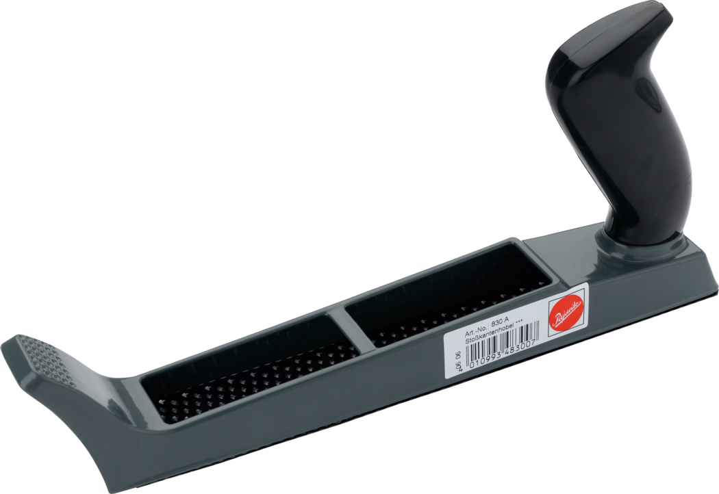 A grey edge trimmer tool with a black handle, designed for precise trimming of edges. The tool features a textured grip for better handling and stability during use. On one side, there is a label indicating the product's art number and brand. The overall structure is streamlined for ergonomic use, allowing for comfortable grip and maneuverability.