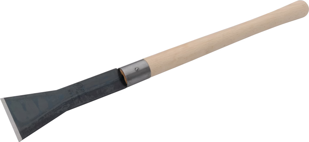 Pajarito_Dummy_Rusty pricker_072146_038808_038807_2021-02 A hand tool featuring a long wooden handle and a flat, wide metal blade with a sharpened edge, typically used for scraping or shaping materials such as wood or plaster.