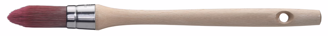 Pajarito_Dummy_xx_Pointed Brush WaterSol_2024-07 A round-tipped paintbrush with densely packed reddish-brown synthetic bristles, a shiny metal ferrule and a smooth pale wooden handle with a hanging hole, shown on a white background.