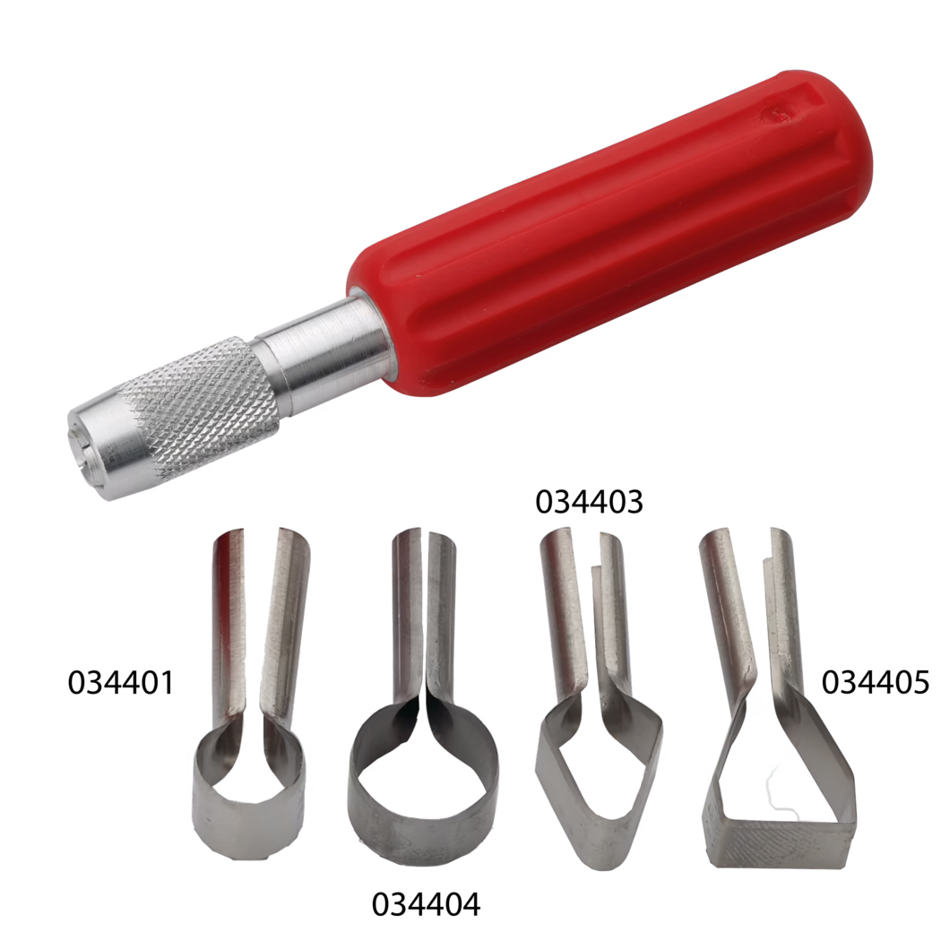 Close-up of a hand tool set showing a red plastic handle attached to a textured metal shaft and several metal hollow cutter bits arranged below, labeled with item numbers 034401, 034403, 034404 and 034405; white background.