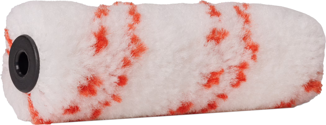 Pajarito_Dummy_Small roller Poly Performance Line_168952_168953_2021-11 A paint roller covered with fluffy white fabric featuring orange stripes. The roller is cylindrical in shape with a black plastic core that fits onto a roller handle, designed for applying paint smoothly onto surfaces.