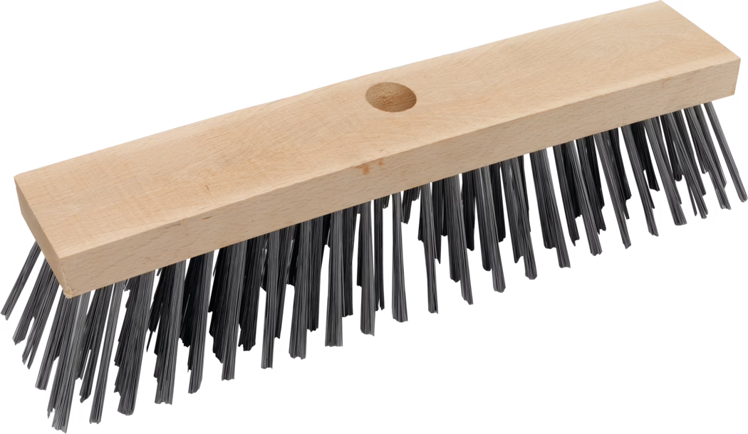 Pajarito_Dummy_Steel wire broom_014332_2021-02 A close-up of a cleaning brush with a wooden handle and metal bristles. The handle is made from light-colored wood, featuring a smooth, polished surface. The bristles are straight, made of thin metal, and arranged in a dense pattern, making the brush suitable for removing dirt and debris from various surfaces. The background is plain white, highlighting the features of the brush.