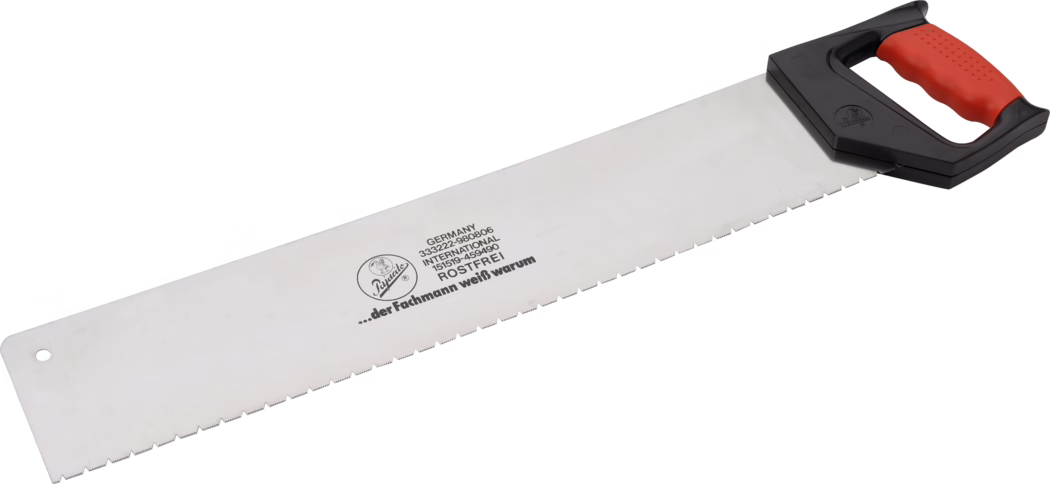 A stainless steel saw with a black and red handle, marked with the name of the manufacturer and details about its origin. The saw blade is serrated, ideal for cutting various materials, showcasing its functionality and robustness.