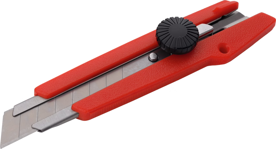 A red retractable utility knife with a black dial for extending and retracting the blade. The knife features a textured handle for better grip. There are several blade segments visible, indicating that it can be snapped off to reveal a new sharp edge.