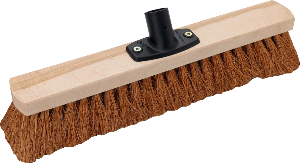 A wide broom with a wooden handle and coarse bristles, designed for sweeping large areas. The brush head is rectangular and features a sturdy construction suitable for outdoor use.