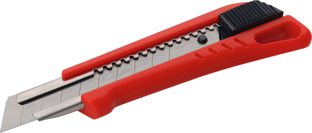 A utility knife with a red plastic handle and a retractable blade, placed on a white background. The knife features a textured grip for better handling and a metal blade that can be extended or retracted as needed. The design highlights both functionality and safety in cutting tasks.