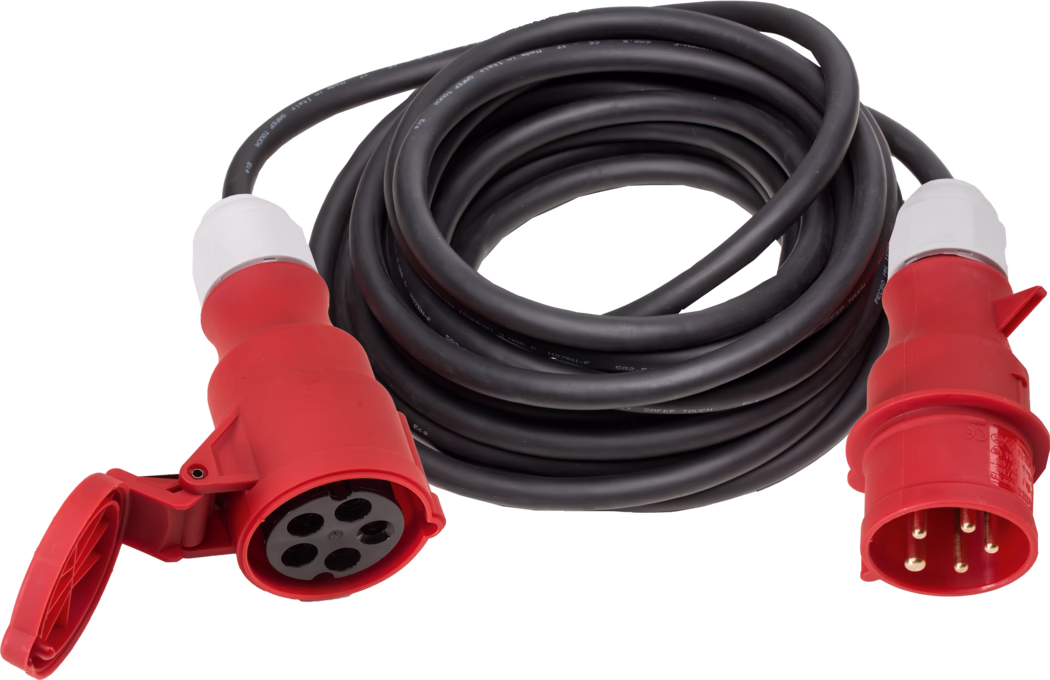 Pajarito_Dummy_Cable extension 400V_013782_2021-07 A heavy-duty electrical cable with red connectors on both ends. One connector is a five-pin design, and the other is a seven-pin design, suitable for high-power applications. The cable is thick and durable, designed to withstand outdoor conditions.