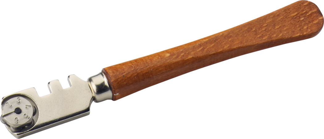 Pajarito_Dummy_Glass cutter Silver cut_032718_2021-02 A stylish tool featuring a metallic end and a smooth wooden handle, commonly used for precision tasks. The metallic part includes a wheel with numbered markings and a unique design for ergonomic usage.