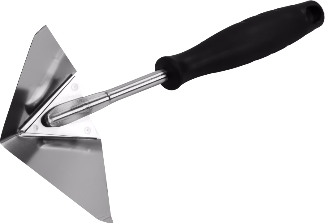 A stainless-steel inside corner trowel with a triangular folded blade and an ergonomic black rubber handle. The polished metal blade forms a 90° angle for smoothing plaster or joint compound in interior corners; the blade is riveted to a short steel shank and the handle includes a hanging hole.