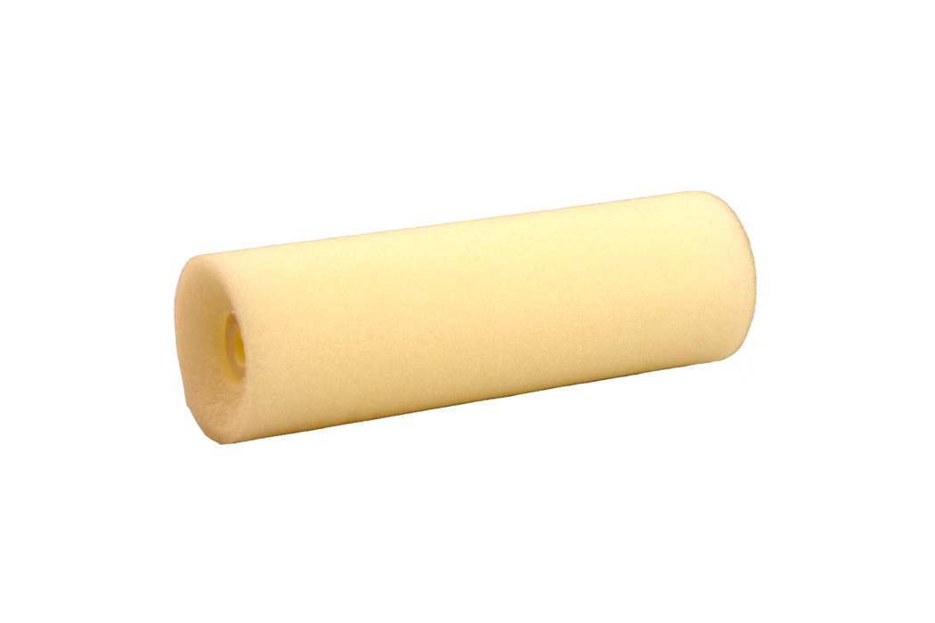 A cylindrical foam roller, light yellow in color, used for exercises and physical therapy.