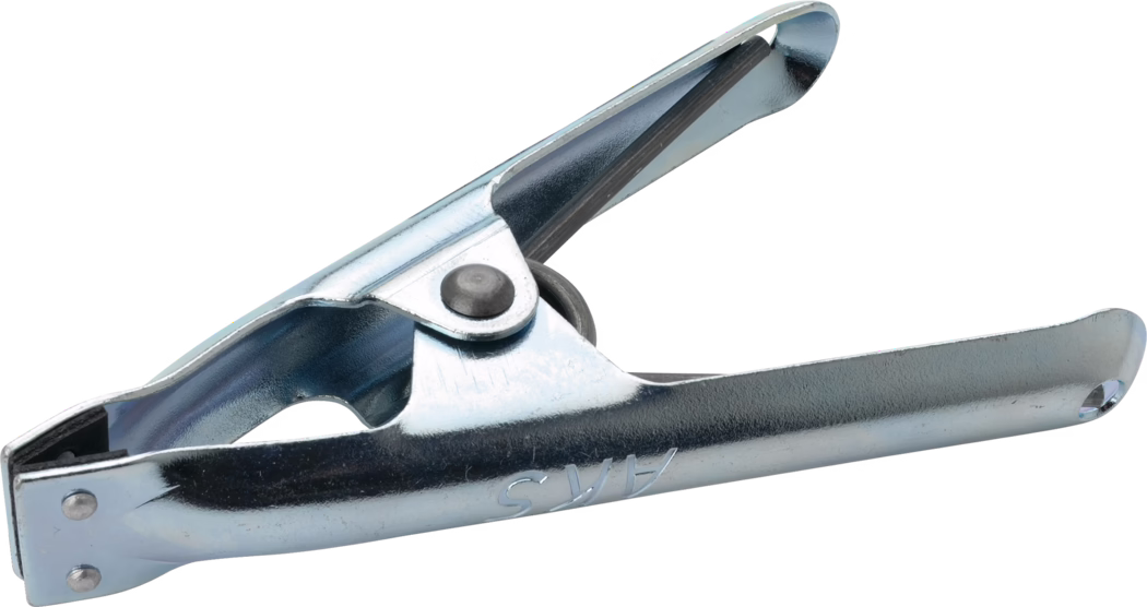 Pajarito_Dummy_Spring clamp_037090_2021-02 A metal clamp used for holding materials together. It features a shiny, polished surface and is designed for easy gripping. The structure includes a hinge mechanism that allows it to open and close smoothly, ensuring a firm hold on the objects being clamped.