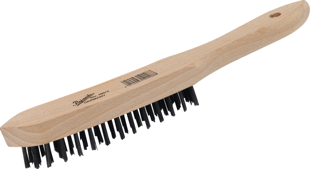 A wooden brush with black bristles, labeled with the brand and origin. The bristles are arranged in a narrow line on one end of the brush, while the handle is made of light-colored wood, providing a sturdy grip. The brush seems suitable for cleaning and grooming purposes, likely designed for delicately removing dust or debris from various surfaces.