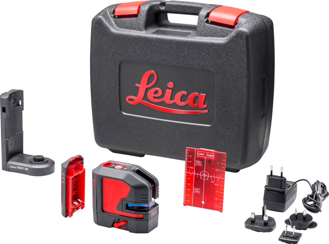 The image features a professional measuring tool set from Leica. It includes a black carrying case with a red logo, a laser level device, a laser target, and a base component. Additionally, there are several power adapter plugs for different regions, enhancing the tool's versatility.