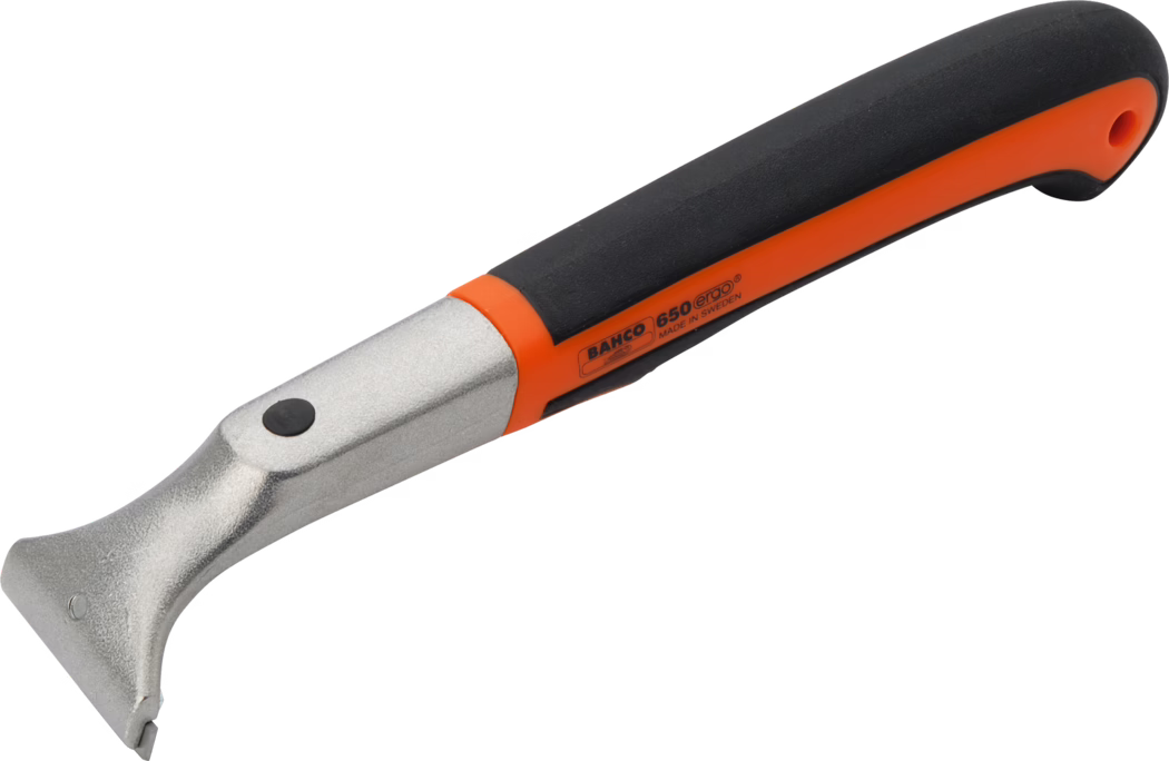 The image depicts a BAHLCO scraping tool featuring a metallic blade and an ergonomic handle. The blade is flat with a sharp edge designed for scraping surfaces. The handle is predominantly black with an orange accent, providing a comfortable grip for users. The product is designed for durability and ease of use in various scraping applications.