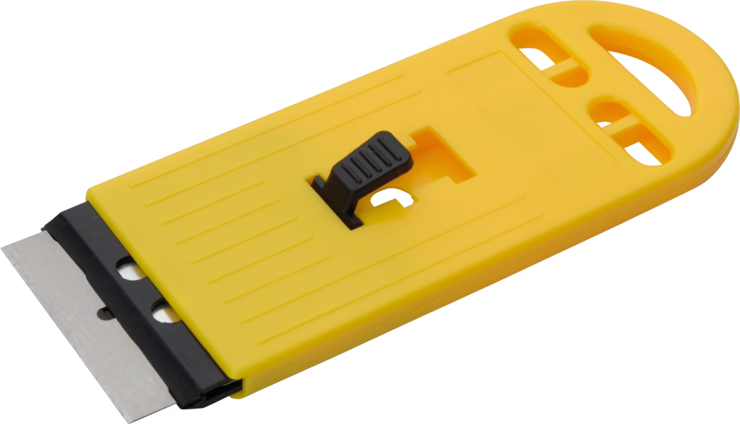 Pajarito_Dummy_Paint and glass scraper plastic_034866_2021-02 A yellow scraper tool with a plastic body and a metal blade. The blade is secured at the bottom and features a black lever for controlling the blade extension. The surface of the scraper has grooves for better grip and ergonomics.